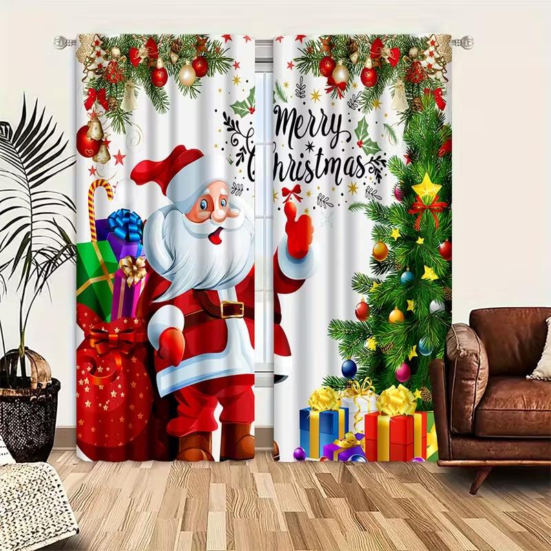 

Set Of 2 Santa Gift Christmas Curtains Cheerful Design Polyester Window Decor Holiday Living Room Bedroom Curtain With Rod Pocket Ideal For W100*H70(CM)-Rod Pocket&2PCS