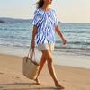 Damen Kurzarm Hemd aus Leinen-Baumwollmischung Henley Knopfleiste Brusttasche Blumendruck Lässiges Sommer Top
