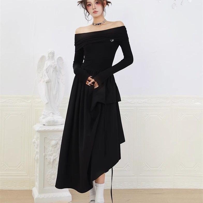 

Женское тонкое белое длинное платье с талией, новое весеннее маленькое высококачественное осеннее платье с длинными рукавами во французском стиле с открытыми плечами XL чёрный
