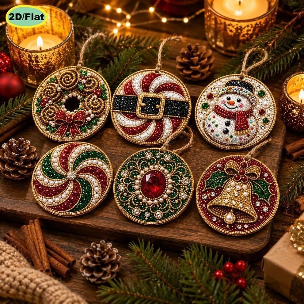 6Pcs Cat Pattern Wooden Christmas Ornaments Set Round Shape Xmas Tree DIY Craft Kit  Window Decor