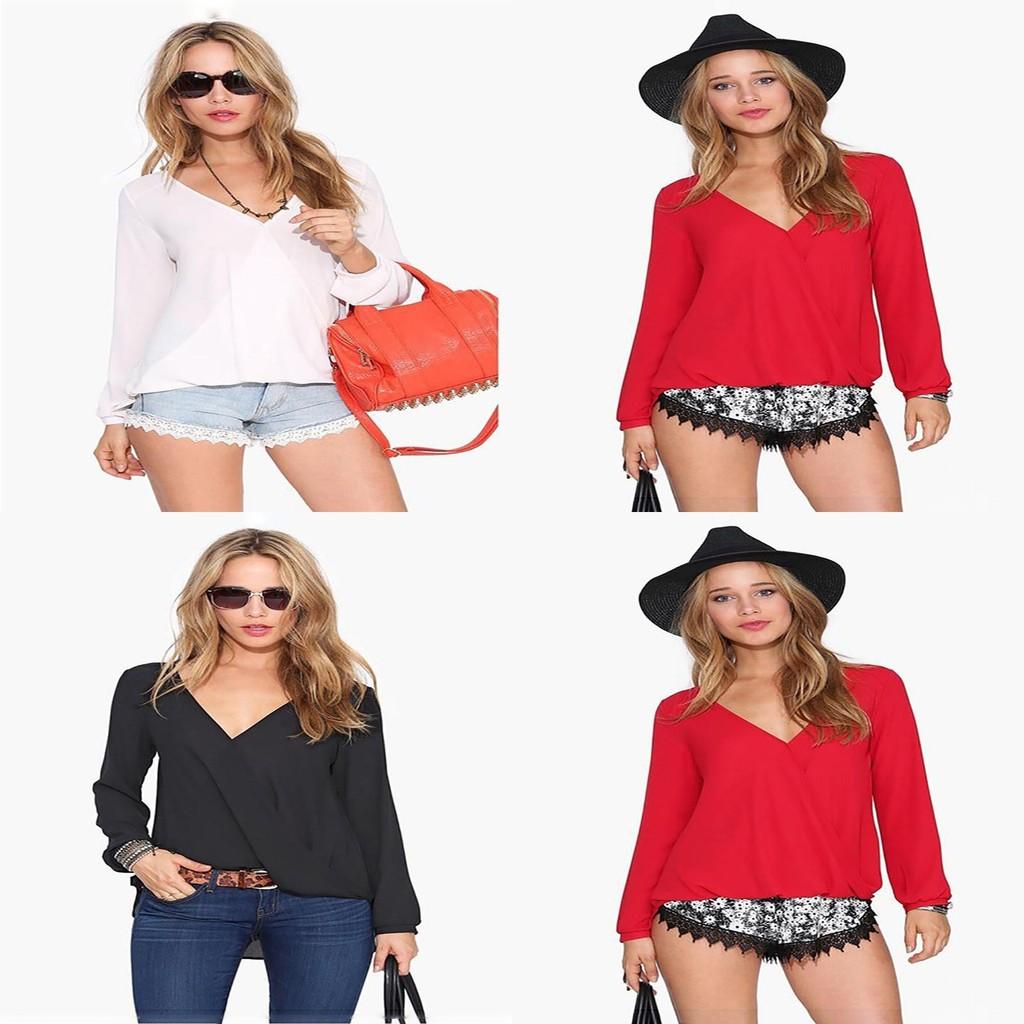 T-shirt Eleganti da Donna Manica Lunga Sottile Scollo a V Camicia in Chiffon Bianca Nera Rossa