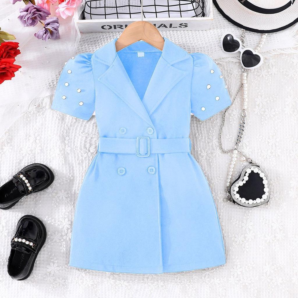 Neues Sommer-Neues Mädchen Einfarbiges Kurzarm-Freizeitkleid + Gürtel Zweiteiliges Set
