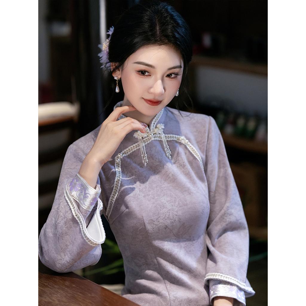 Purple jacquard autumn and winter national style new Chinese long-sleeved cheongsam improved young women's retro daily can