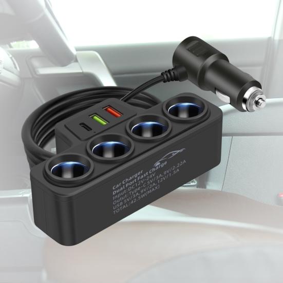Car Charger 3 USB Ports QC3.0 And PD 3.1A 120W 4-Socket Built-in Safety Wire Fast