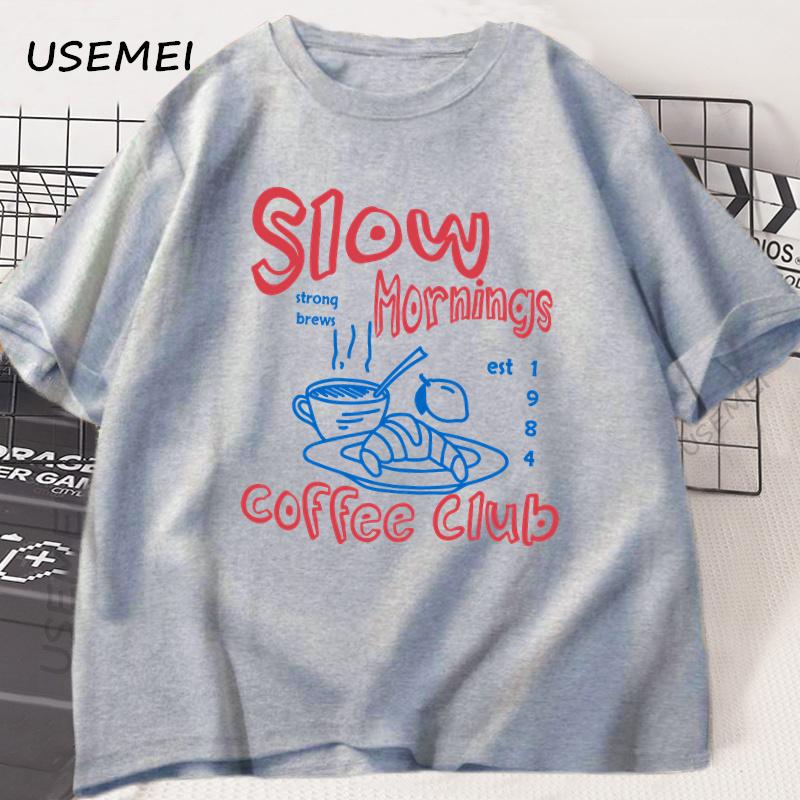Slow Mornings Graphic Tshirt Man Trendy Coffee Club Tshirt Retro Coffee and Croissant T Shirt Breakfast Club Tee Cotton Clothing S серый 1760₽