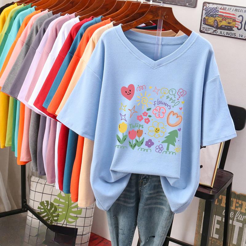 

Футболка с коротким рукавом, Свободного кроя, Приталенный топ с V-образным вырезом с принтом для женщин 5XL синий