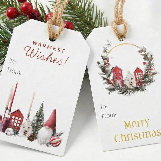 Holiday Present Labels 48 Pcs Christmas Gift Tags with String, Seasonal Hanging Labels, Pattern Cardboard Paper for Xmas Party Decoration, DIY