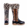 Johnature Genuine Leather Patchwork Printed Long Boots Fashion Versatile Leopard Print Fur Collar Women Shoes