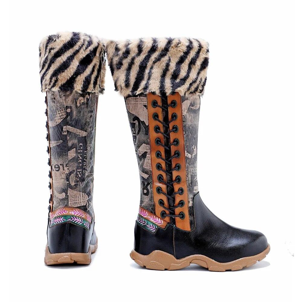 Johnature Genuine Leather Patchwork Printed Long Boots Fashion Versatile Leopard Print Fur Collar Women Shoes
