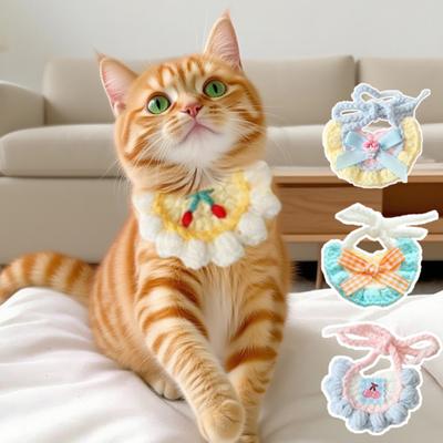 Knitted Cat Bib Adjustable Cute Pet Bib Soft Breathable Pet Bib with Bow Flower for Cats And Small Dogs Photo Prop