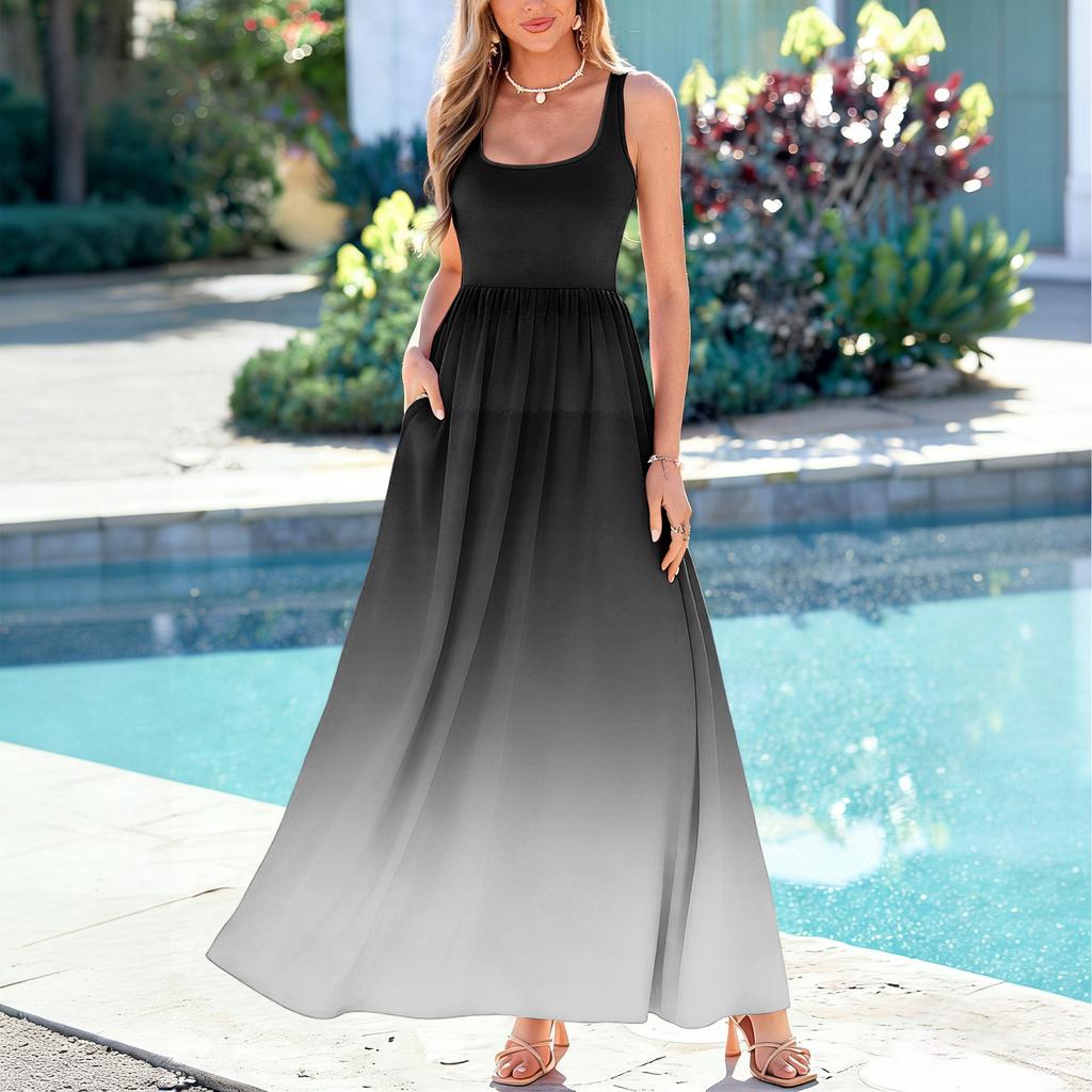Ladies' Gradient Printed Summer Casual and Fashionable Sleeveless Long Dress