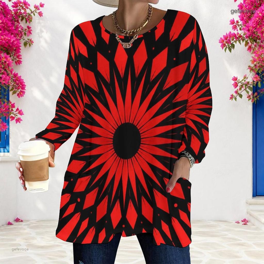 Women Plus Size Round Neck Long Sleeve Printed Loose Fit Longline T Shirt With Pockets