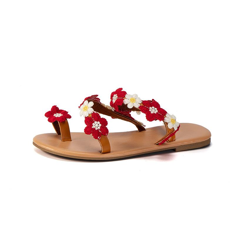 Foreign Trade Set of Toe Sandals 2025 Summer New Flat-bottomed Flower Flat-bottomed Beach Large-size Open-toed Women's Sandals