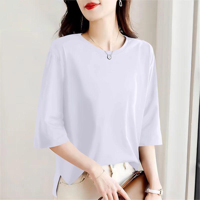 

Women s Plus Size Korean Style Print T-Shirt, Pure Cotton, Three-Quarter Sleeves, Round Neck, Summer Age-Reducing Slim Fit Top M (Recommended under 100 lbs)