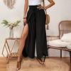 Women Pants Elastic Waist High Side Split Casual Pants Spring Summer Autumn Breathable Solid Color Loose Fit Wide Legs Trousers