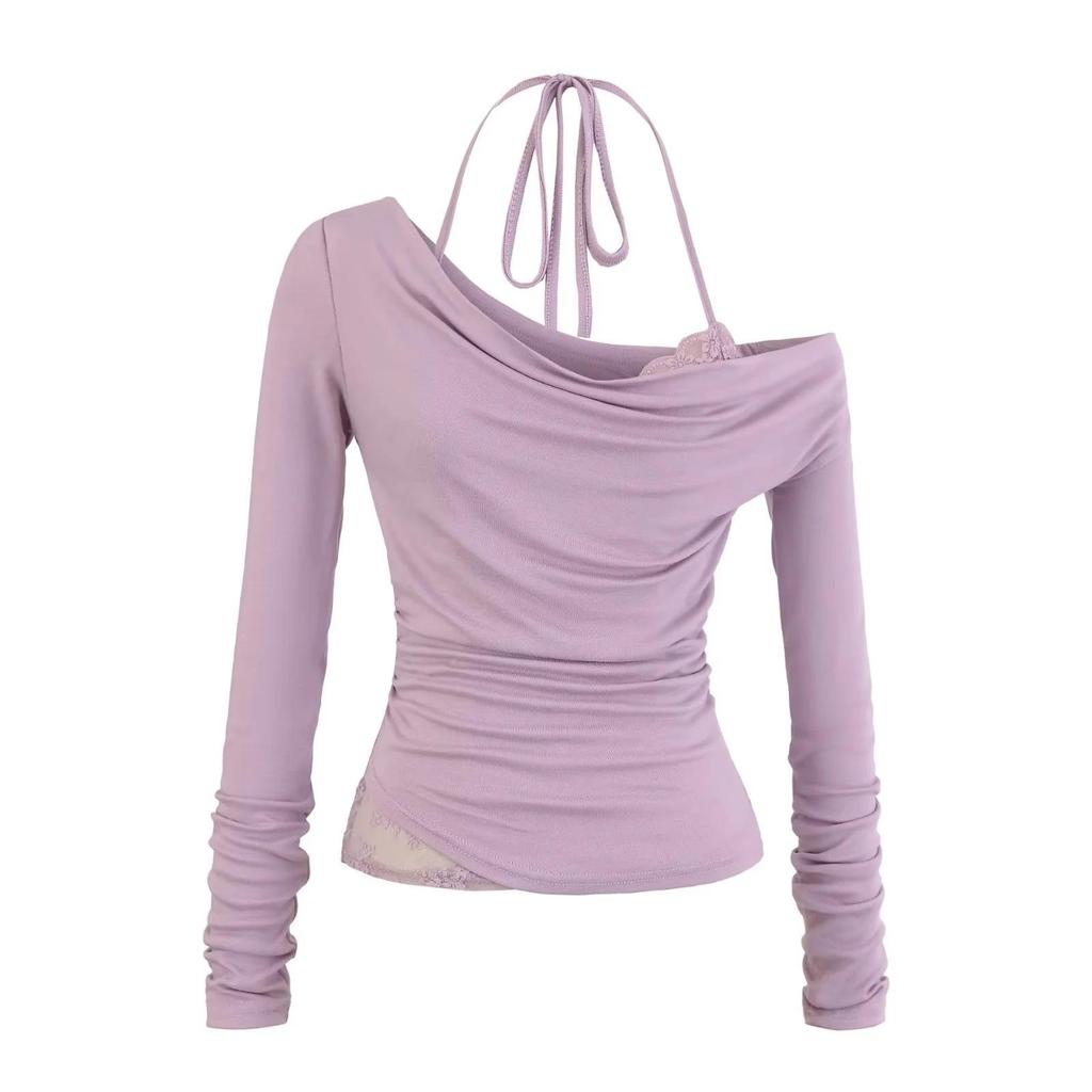 Autumn 2025 Women's Lace Trim Halter Neck Off-Shoulder Slim Long-Sleeve T-Shirt