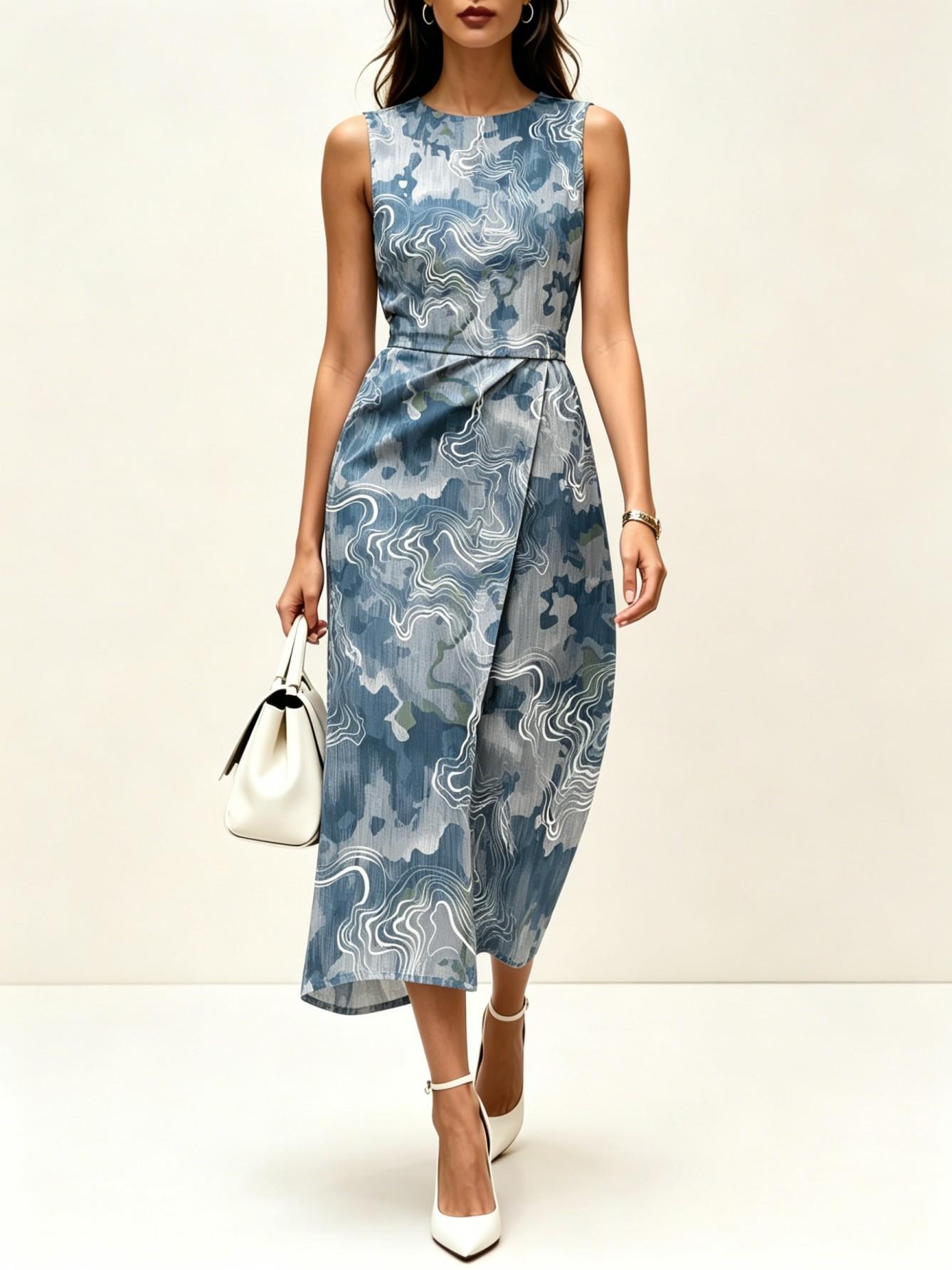 2026 Summer Sleeveless Leopard Print Midi Dress, Beige Waist Tie Work Casual Dress XXS