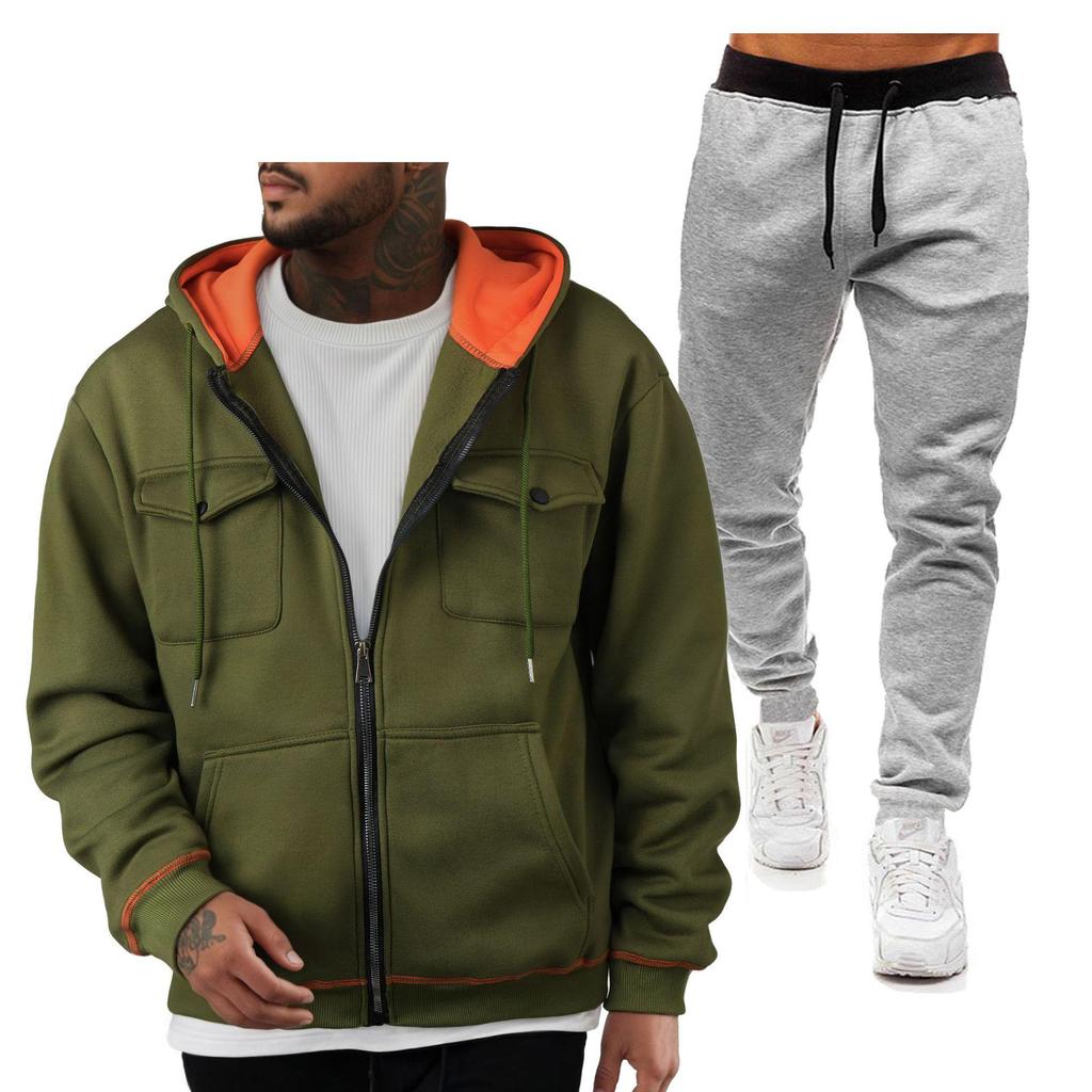 Men's 220g Pullover Hoodie Sweatshirt with Double Pockets and Zip-Up Cardigan Sports Casual Set