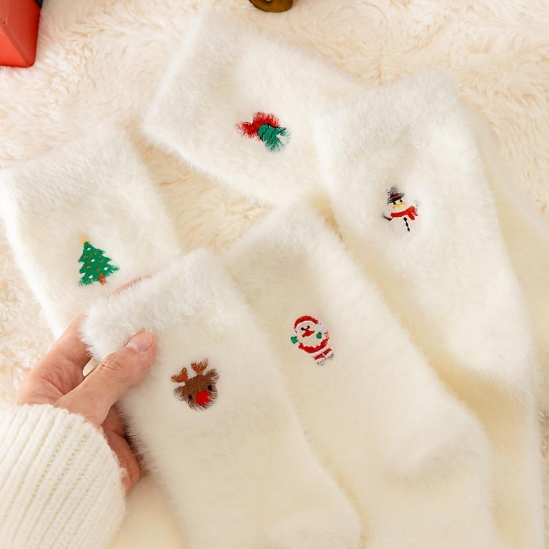 5pcs Cozy White Plush Christmas Socks for Teens Thick & Warm with Festive Designs - Soft Polyester/Spandex Blend Winter Floor
