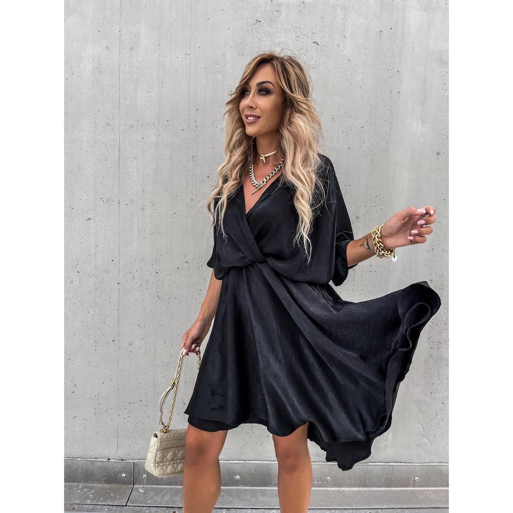 Robe d'été sexy à col en V pour femme, élégante, manches courtes, couleur unie, coupe trapèze, ample, mini, décontractée, pour la plage et les fêtes