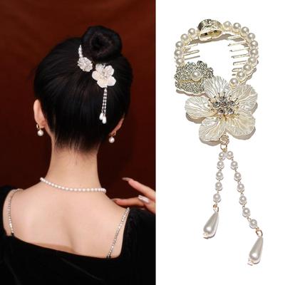 Lady Pferdeschwanz Klaue Blume Lange Quaste Kamelie Kunstperle Glänzender Strass Haarschmuck mit Zähnen Anti-Bruch Anti-Rutsch-Haarspange Haarschmuck