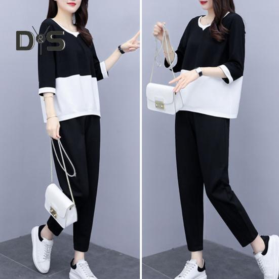 2 ks/sada Dámské tričko Kalhoty Set Sportovní oblečení Colorblock Top s kulatým výstřihem Poloviční rukáv Top Elastický pas Dlouhé Kalhoty Běžné kalhoty Top na dojíždění