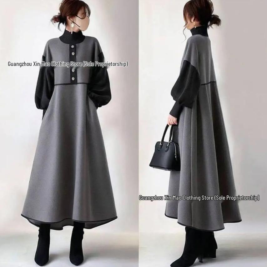

25th Anniversary Japanese-Style Patchwork Sweater Dress with Lantern Sleeves - Slim Fit for Autumn/Winter Small серый
