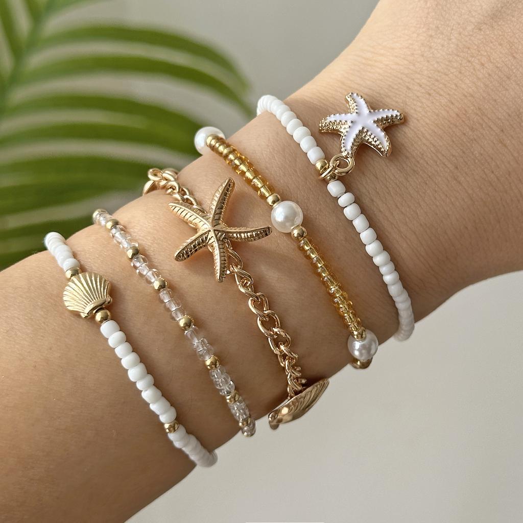 3/5 Pcs Seaside Bohemian Starfish Shell Bracelets Set for Women Handmade Rice Beads Multilayer Stacked Bracelet Beach Jewelry