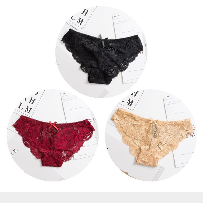 Panties Woman Sexy Lace Briefs Transparent Female Underwear Hollow Out Cotton Crotch Girls Underpants 3 Pcs/Set