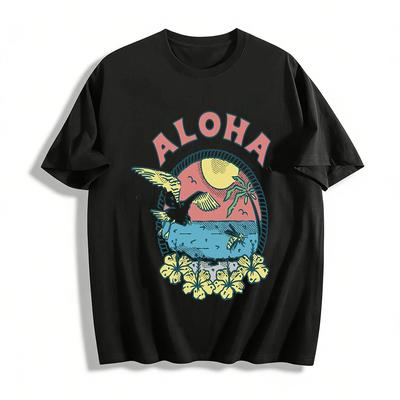 Aloha Hawaiianischer Urlaubsprint Kurzarm Unisex Lässiges T-Shirt Reines Baumwoll-T-Shirt
