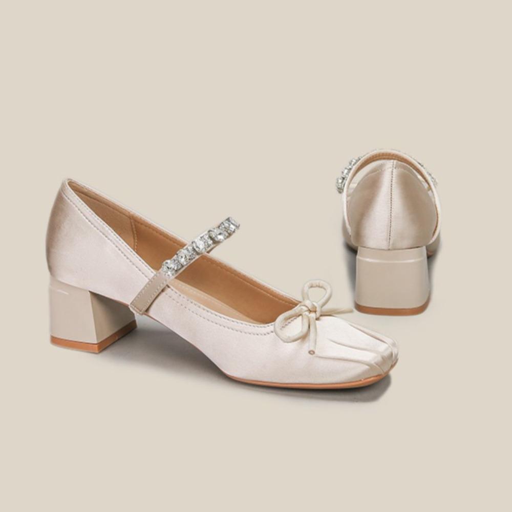 Fashion Mary Jane Shoes High Heels Women's High End Summer Thick Heels Single Shoes Square Head Bow Women's Shoes Rear Empty Sandals