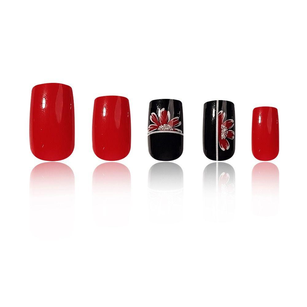 Sexy Black Little Red Daisy French Fake Nails Women Fashion False Nail Square Head Wearable Manicure Full Cover Press on Nails