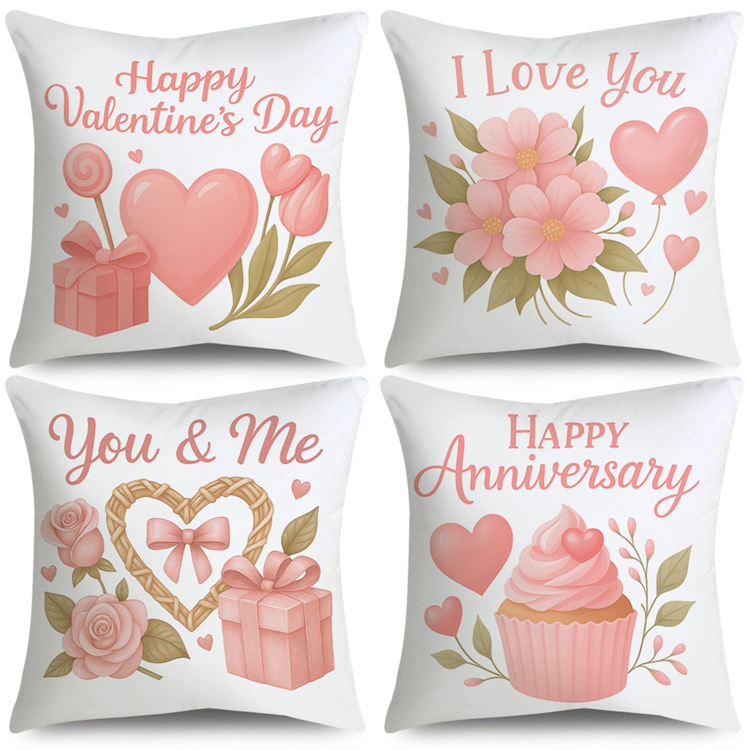 4 шт. Наволочки на подушку ко Дню святого Валентина | Розовые цветочные сердца, Подарок, Дизайны с кексами, Застежка-молния, Полиэстер, Только ручная стирка, Подходят для спальни, дивана 18 X 18-Inch