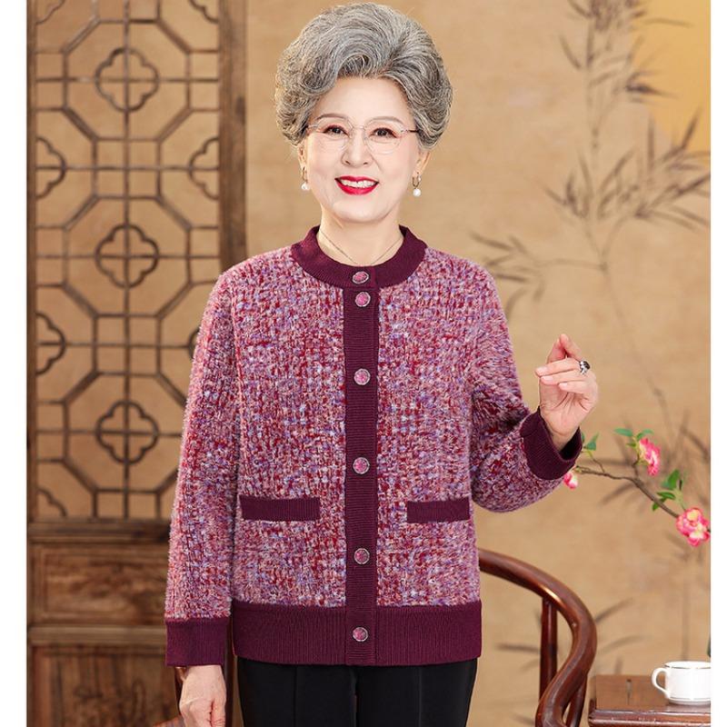 Autumn and Winter Velvet Thickened Spring and Autumn Grandma Knitted Sweater Clothes Middle Old Girl Mother Old Man Sweater Cardigan Jacket