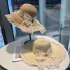 Cappello di paglia con fiocco in pizzo da donna, cappello parasole estivo per vacanze al mare, cappello parasole francese a tesa larga