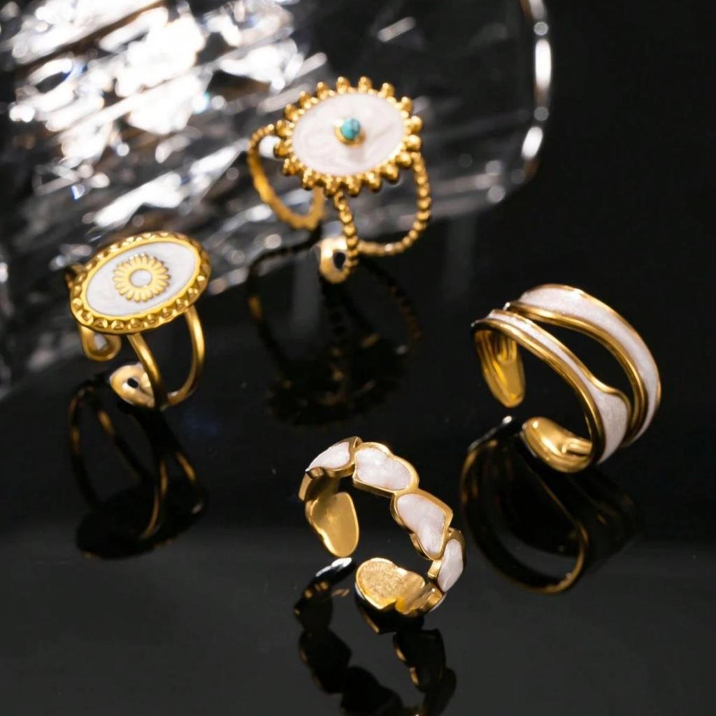 Women's 4-Piece 18K Gold Plated Stainless Steel Open Ring Set with Enamel - Daily, Vacation, School Accessories