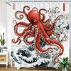 Ukiyo-E Octopus Shower Curtain – Red Tentacles, Hokusai Waves & Sakura, 2D Flat, 12 Hooks, 70.8×70.8 In, Polyester