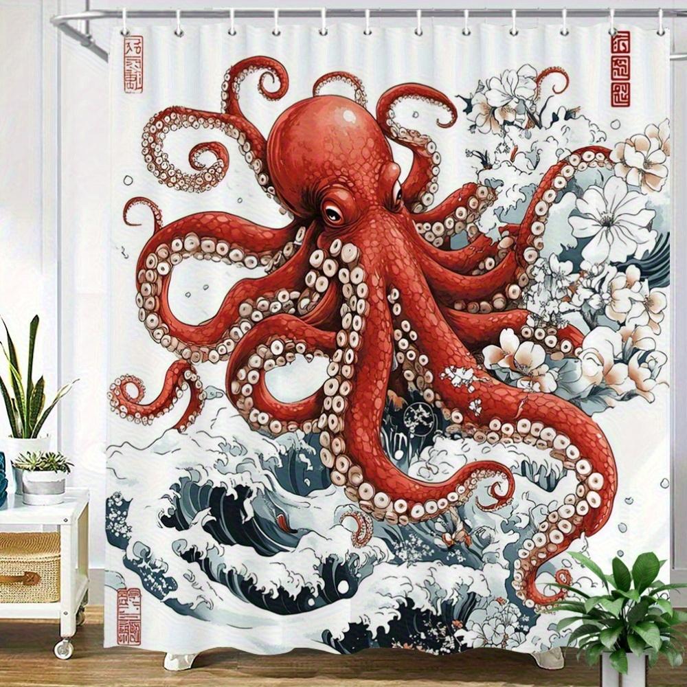 

Ukiyo-E Octopus Shower Curtain – Red Tentacles, Hokusai Waves & Sakura, 2D Flat, 12 Hooks, 70.8×70.8 In, Polyester W60H190(CM)-1 Pcs