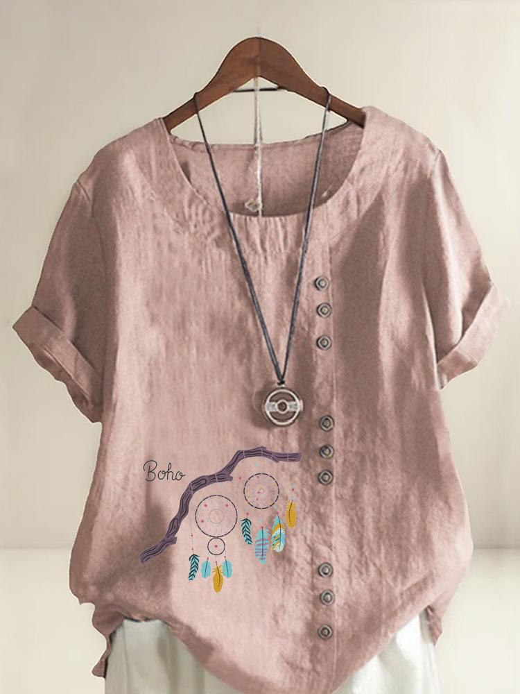 Women's Fashion Feather Pattern Print Shot Sleeve T-shirt Loose Cotton Shirt Casual Loose Summer Plus Size Blouse Tops