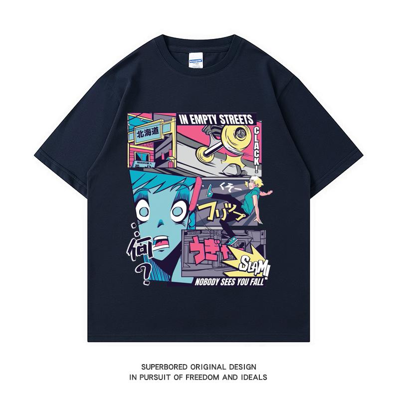 

220GSM Тяжелая футболка из 100% хлопка, футболка с аниме Skater Fall Vaporwave, мужская повседневная футболка с круглым вырезом, базовые мужские топы