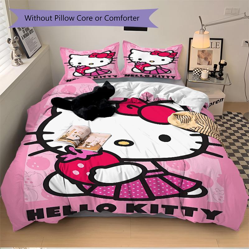 3pcs Strawberries and Hello Kitty Quilt Cover Set (1 Quilt Cover + 2 Pillowcases Without Pillow Core), High-Definition Printing for Home and Dorm