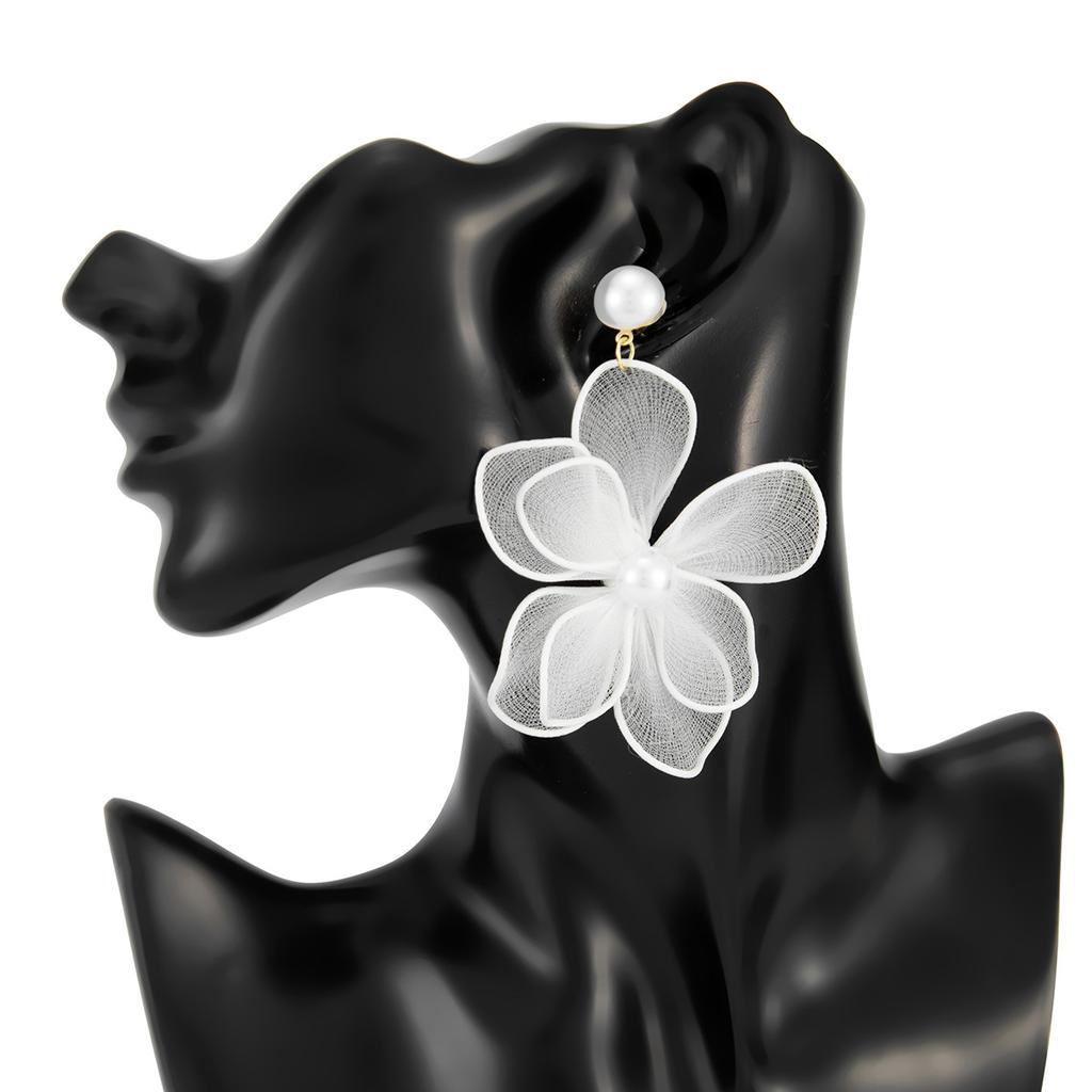 Damen Weiße Netz-Blumen-Hängeohrringe, Imitationsperlen-Hängeohrringe, Statement-Schmuck für Braut, Hochzeit, Party