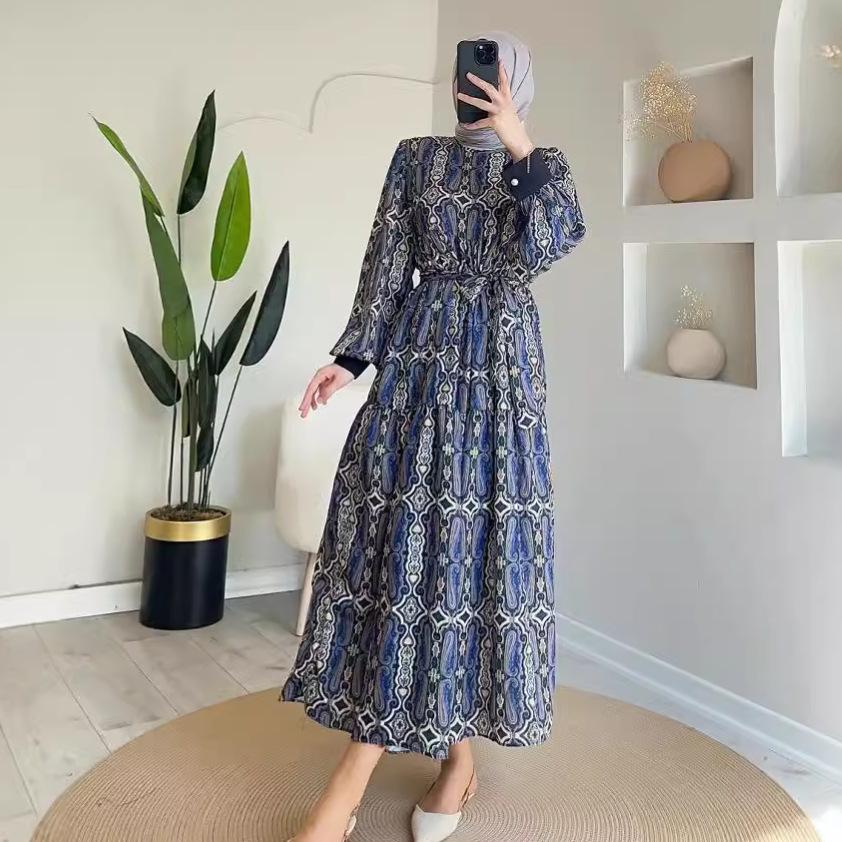 2024 Autumn European & American Women's Casual Print Crew Neck Loose Long Dress