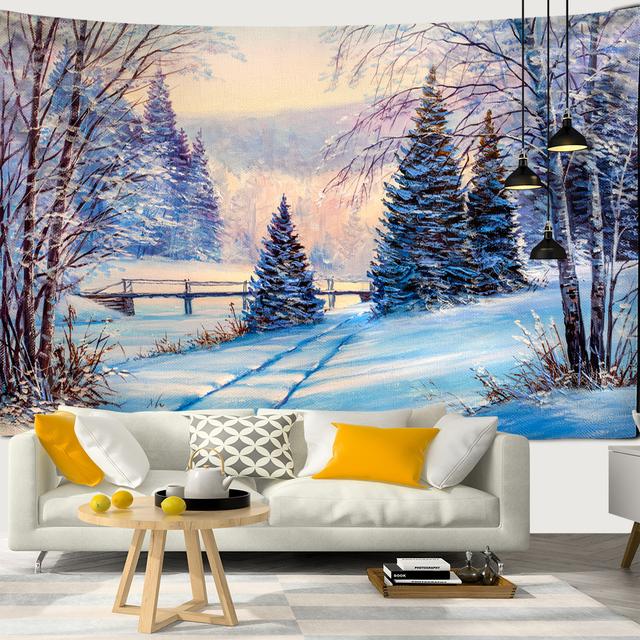 Snow Christmas Tree Fireplace Santa Claus Print Tapestry Wall Hanging Background Cloth Decor Christmas Home Room Wall Decoration