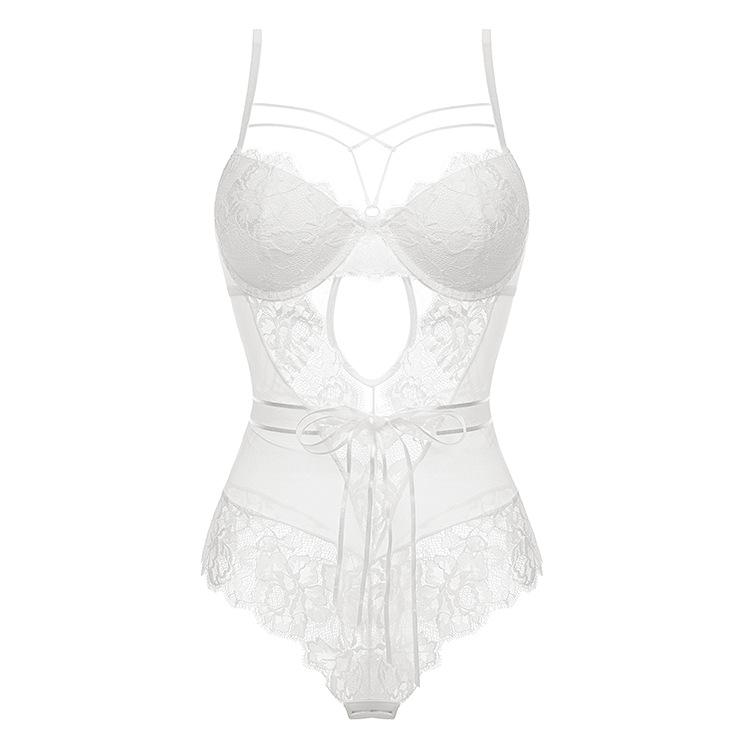 Women Sexy French Style Romper Tight-Fitting Bodysuit Transparent Bowknot One Piece Lace Lingerie