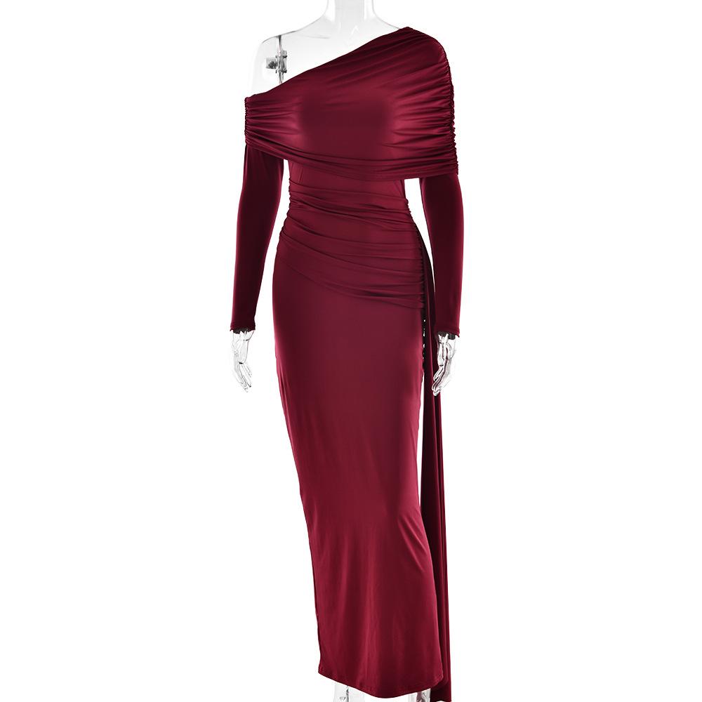 Women's One Shoulder Long Sleeve Maxi Dress Fitted High Waist Ruched Drape Sash Bodycon Evening Gown