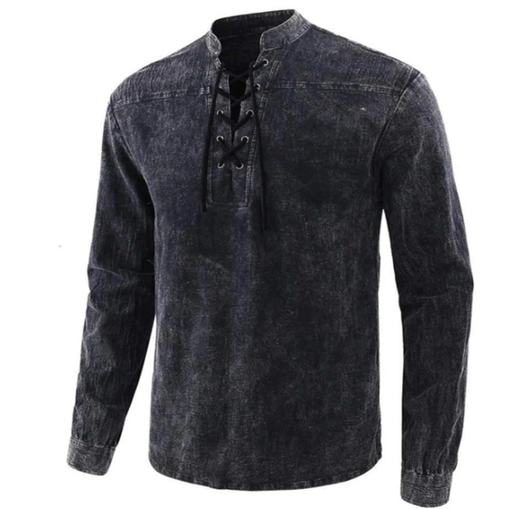 Men's Solid Color Vintage Laced Stand-Collar Loose Casual Shirt
