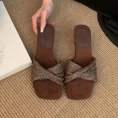 Fashion New 2025 Fashion Low Heel Ladies Slippers Sandals Shoes Female Square Toe Footwear Shallow Women Heeled Slippers Slides Shoes