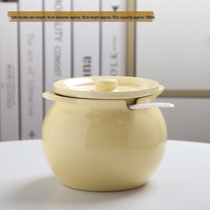Ceramic Double-Handled Lard Jar with Lid - High-Temperature Resistant Kitchen Oil Storage Pot