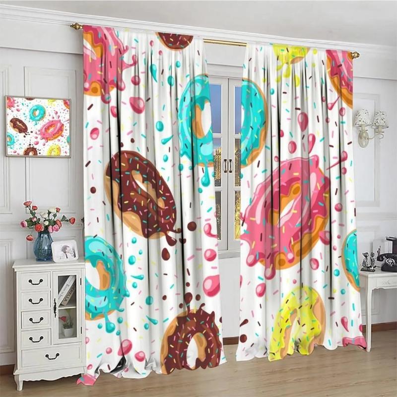 Delicious Dessert Curta Donuts Pink Chocolate Lemon Blue Mint Colored Cream Accents Hand Painted Art Window Drapes For Kids 53x116CM-2PC
